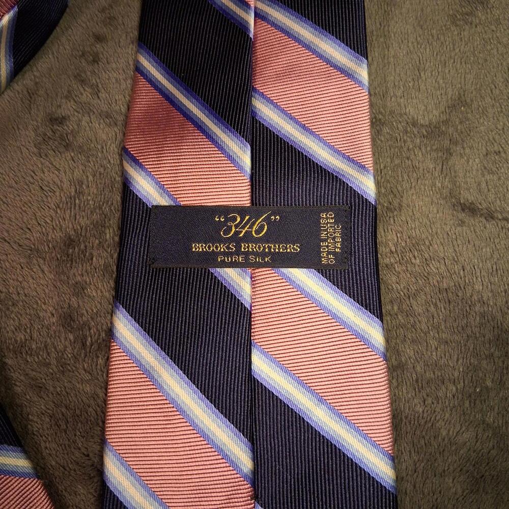 Brooks Brothers 346 Tie Pire Silk Navy Blue Pink Striped White Blue Made In USA - Picture 2 of 5